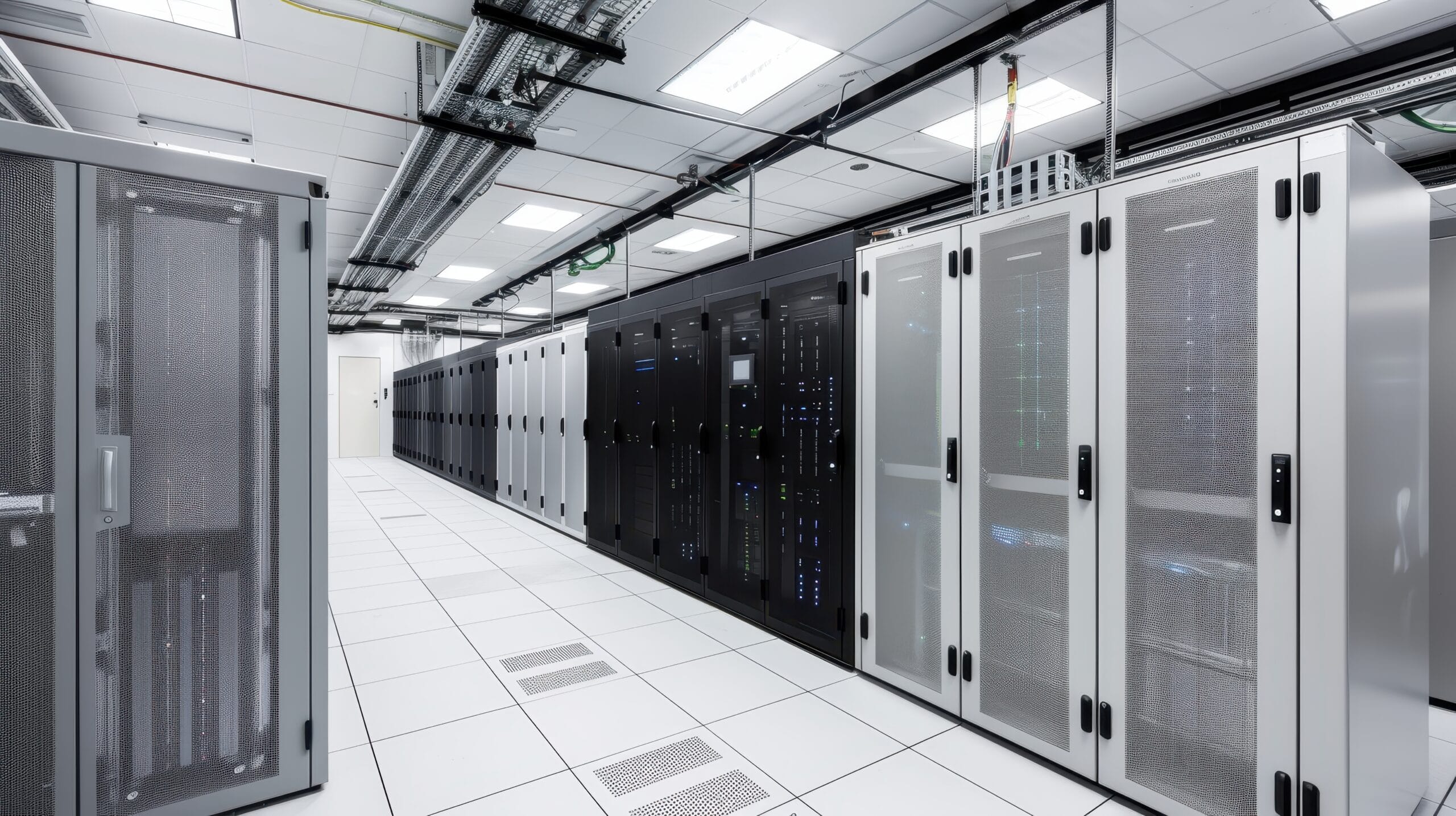 Data center aisle of server racks on a raised floor with overhead cable trays