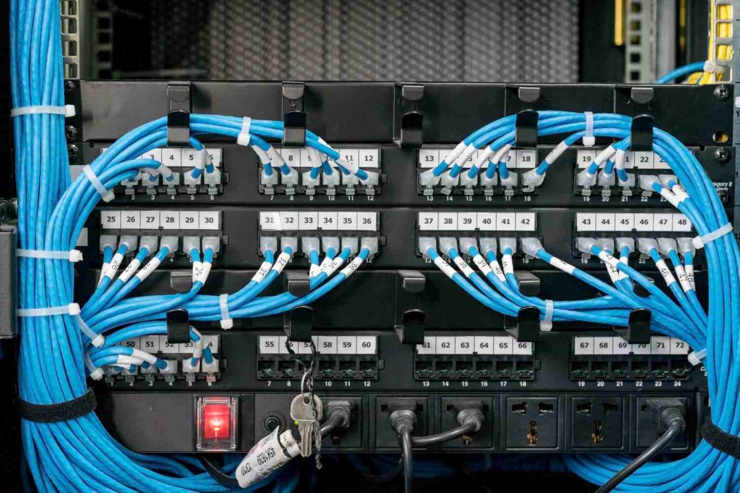 Fully populated patch panel with neatly bundled and labelled blue Ethernet cables